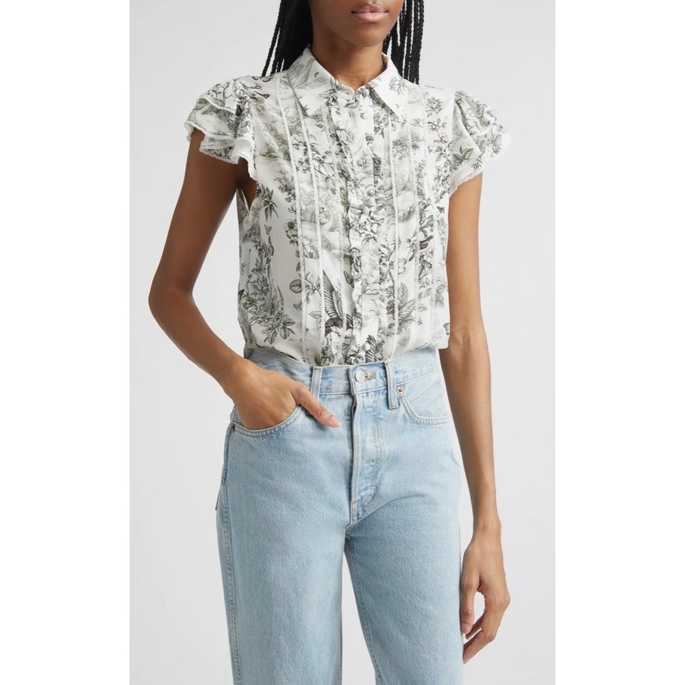 Alice + Olivia Minda Silk Toile Swan Print Ruffle Sleeve Blouse Size Small